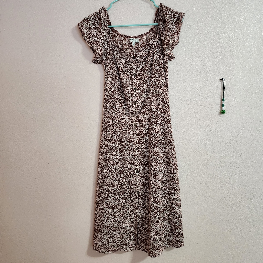 Monteau Floral flower faux front rust orange frill sleeve midi dress size small